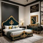 Black and gold royal bed set with matching side tables in the Homex Furniture showroom