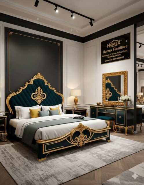 Black and gold royal bed set with matching side tables in the Homex Furniture showroom