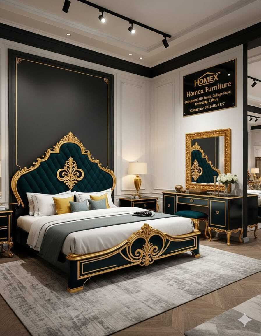 Black and gold royal bed set with matching side tables in the Homex Furniture showroom