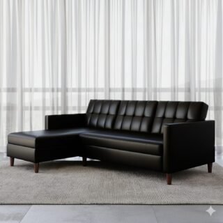 Black leather L-shape sofa in a modern living room