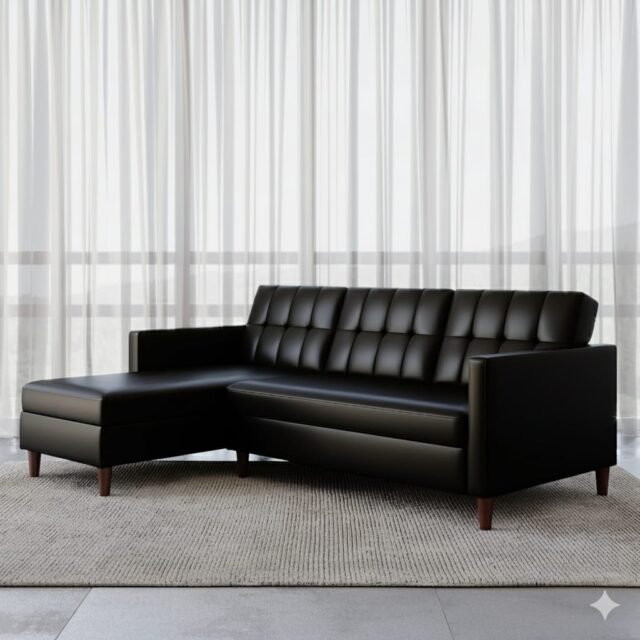 Black leather L-shape sofa in a modern living room
