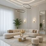 Modern luxury living room with curved cream sofa and round coffee tables