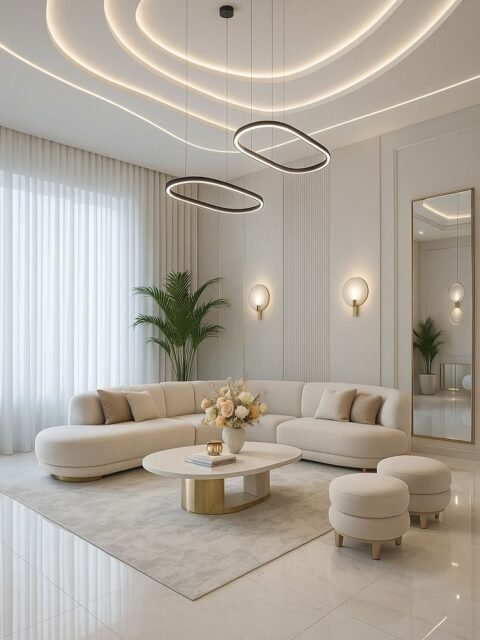 Modern luxury living room with curved cream sofa and round coffee tables