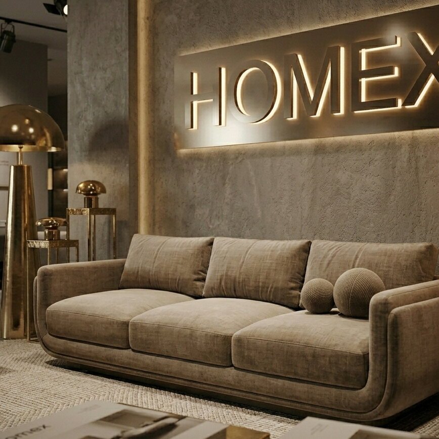 Grey fabric sofa below the illuminated Homex sign in the showroom